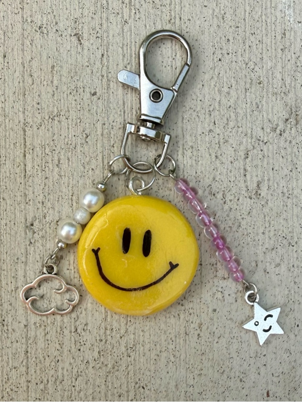 Handmade Yellow Smiley Face Keychain Charm with Pink Beads